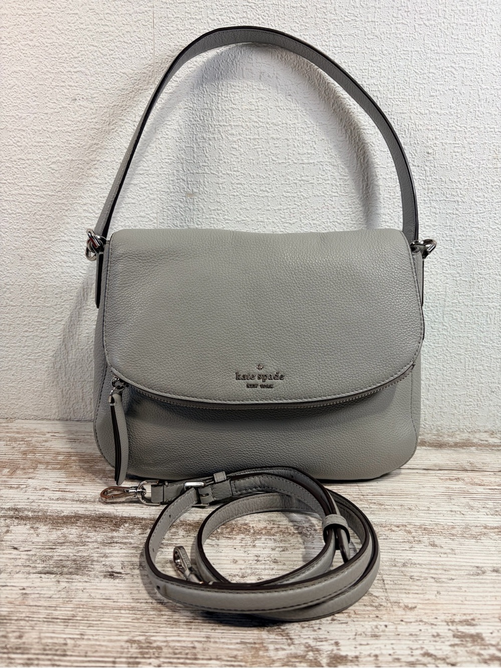Kate Spade Jackson Medium Flap Shoulder Bag Gray Pebbled Leather